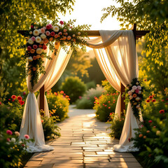 Pathway through a wedding pergola in a lush green garden featuring an wooden ornate structure, draped with delicate fabrics and adorned with a flowers bathed in golden sunlight