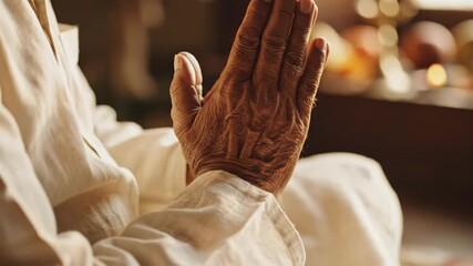 Old Hand in Prayer Position During Morning Puja Ritual