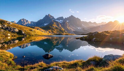 A tranquil alpine lake mirrors the dramatic, jagged peaks of a mountain range under a clear blue sky as the sun rises, casting a warm golden glow.
