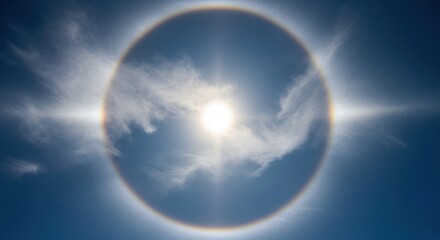 Obraz premium Sun halo in blue sky with clouds, optical phenomenon, weather concept