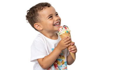 Joyful child enjoying a colorful ice cream cone  isolated on transparent background