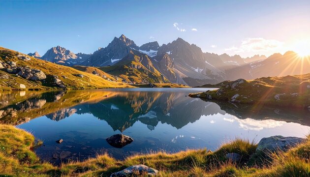 A tranquil alpine lake mirrors the dramatic, jagged peaks of a mountain range under a clear blue sky as the sun rises, casting a warm golden glow. - Powered by Adobe
