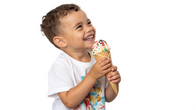 Joyful child enjoying a colorful ice cream cone  isolated on transparent background