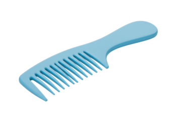 Isolated light blue comb with plastic handle for hair care or styling, against blank space