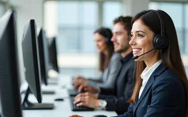 Business woman using headset phone in a call centre. Team of business people working for communication and consulting people at customer service office. High quality