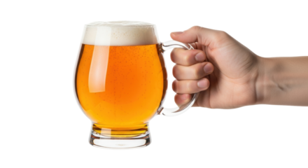 Isolated hand holding filled beer mug, alcoholic beverage refreshment drink on light surface