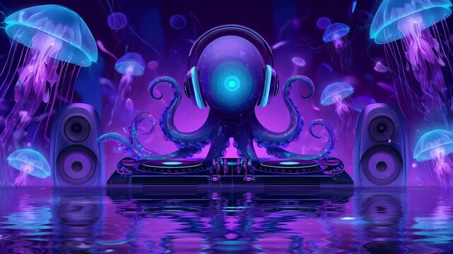 An octopus dj with headphones creates electronic music while colorful jellyfish swim gracefully in a deep underwater scene