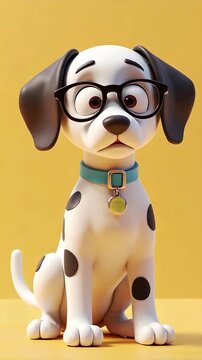 3D animation of a funny Dalmatian dog wearing glasses, against a yellow background, with expressions of worry and relaxation. Seamless loop without cuts.