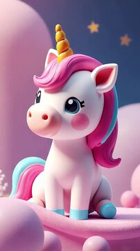 3D animation of a cute little white unicorn, sitting in a pink and blue setting, gazing gracefully at the camera. Seamless loop without cuts.