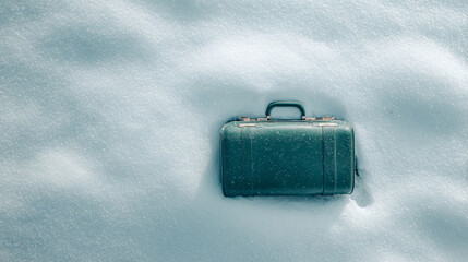 A green suitcase is partially buried in snow, suggesting a journey interrupted or abandoned due to harsh weather conditions.