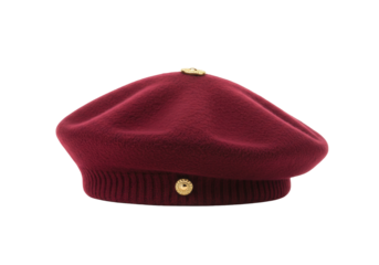 Isolated maroon beret with golden buttons, stylish French hat for women's winter fashion