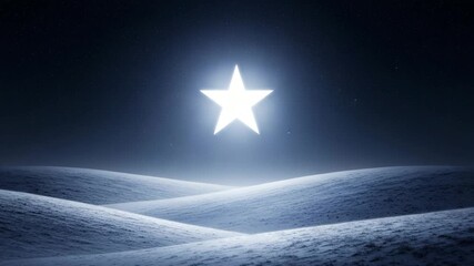 Bright glowing white Christmas star shining in dark blue night sky over serene rolling snowy hills winter landscape background

 - Powered by Adobe