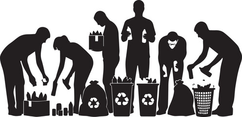 International volunteer day people silhouettes cleaning up litter and recycling materials together