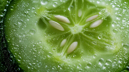 A close up of a wet cucumber slice showing the seeds and texture with water droplets on the surface