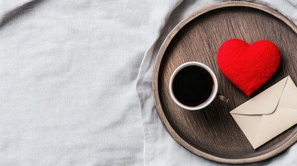 A round wooden tray holds a red heart, a coffee cup, and an envelope, arranged on a grey fabric backdrop. This setup captures the essence of Valentine's Day romance and warmth
