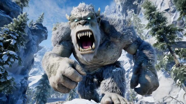 A large troll appears in a snowy mountain area, showcasing its fierce expression and mighty presence under bright skies