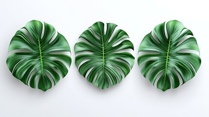 Three Monstera Deliciosa Leaves on White Background