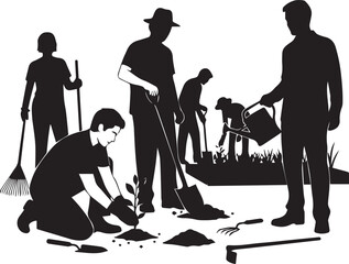 Diverse volunteers planting trees and gardening for international volunteer day celebration