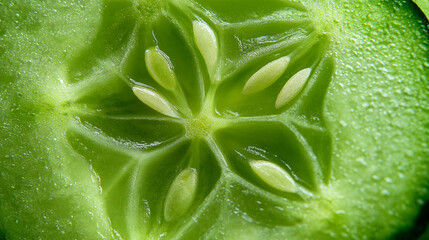 A close up shot of a sliced cucumber showing the seeds and the wet texture of the green vegetable flesh