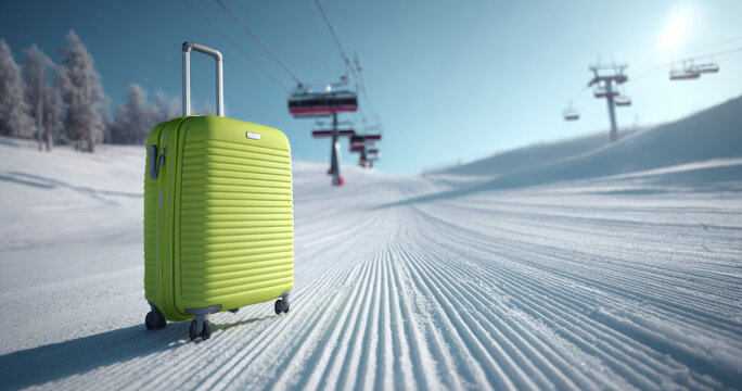 A green suitcase sits on a snowy slope with ski lifts in the background