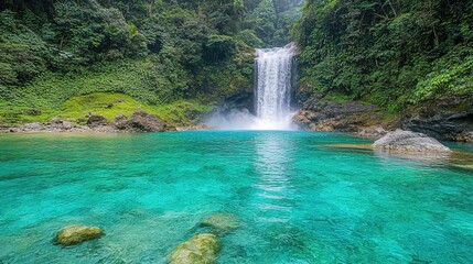 Lush Tropical Waterfall with Clear Turquoise Pool in Forest