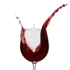 Abstract Dark Red Liquid Splash Frozen in Motion Over Transparent Glass Stemware Showing Dynamic Fluid Movement and Elegant Droplets Isolated on Black Background