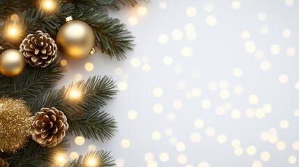 Soft lighting highlights a beautifully decorated wall adorned with a golden wreath and a tree adorned with shimmering lights, creating a festive atmosphere ideal for celebrating the holiday season
