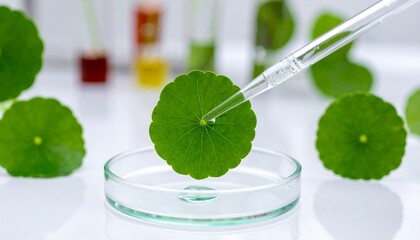 Round green leaves being dripped with clear liquid in a laboratory setting, with test tubes in the blurred background