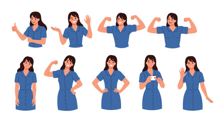 Fototapeta premium Set of a female character in a blue dress showing various positive poses and emotions like waving flexing and giving a thumbs up.
