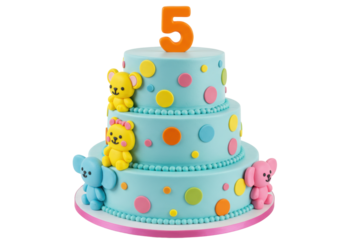 Isolated three tier cake celebrating a fifth birthday, covered in pastel decorations
