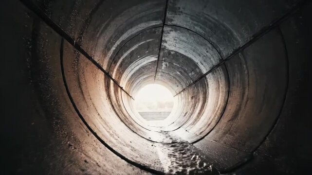 Flowing Water Inside Dark Concrete Tunnel With Bright Light Ahead