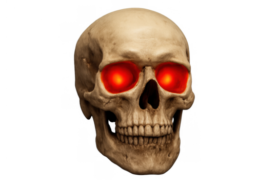 Human skull with glowing red eyes representing evil, danger, death, and horror on transparent background