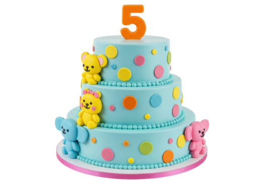 Isolated three tier cake celebrating a fifth birthday, covered in pastel decorations
