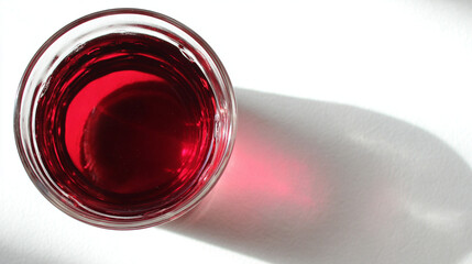 Aerial view of a glass filled with red liquid casting a soft shadow on a bright white surface top view
