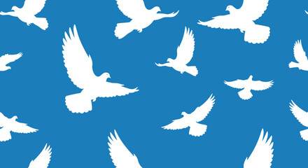 Fototapeta premium Seamless pattern with white silhouettes of flying doves against a solid blue sky symbolizing peace freedom and hope.