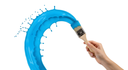 Artist's hand holds brush, vibrant blue paint splashes in an artistic arc