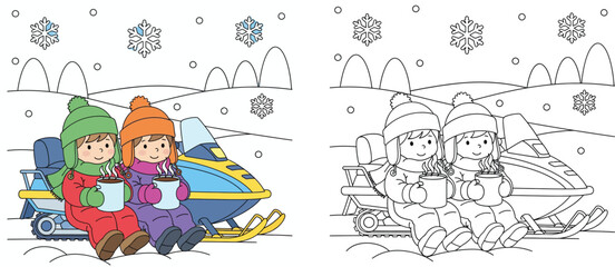 Coloring book page for kids with color guide. Two happy children sitting on a snowmobile drinking hot chocolate in a snowy winter landscape. Vector illustration outline.