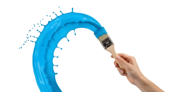 Artist's hand holds brush, vibrant blue paint splashes in an artistic arc