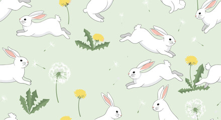 Cute seamless spring pattern with white rabbits hopping and jumping among yellow dandelions on a light green background.