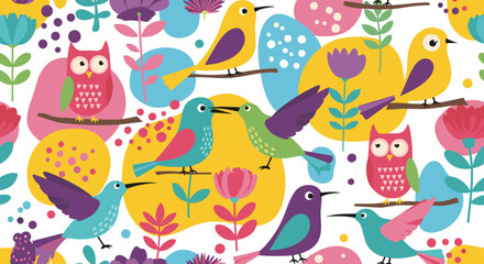 Custom vertical slats with your photo Bright and colorful seamless pattern with various cute cartoon birds owls and flowers on a white background.