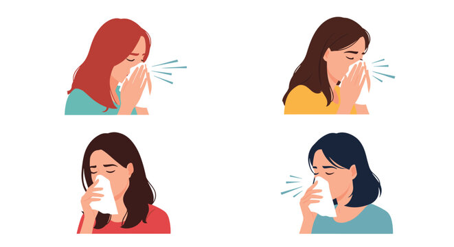 Set of four illustrations showing diverse young women sneezing or blowing their noses into tissues due to sickness.