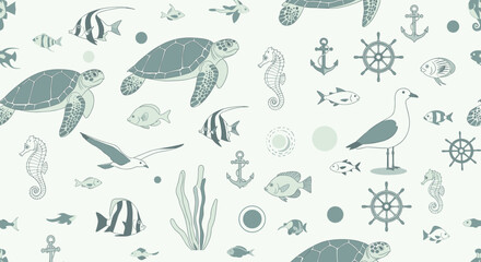 Vintage-style seamless nautical pattern with sea turtles fish seagulls seahorses and anchors on a light background.