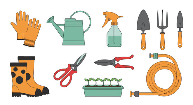 Large colorful set of essential gardening tools including gloves a watering can shears boots and various hand tools.