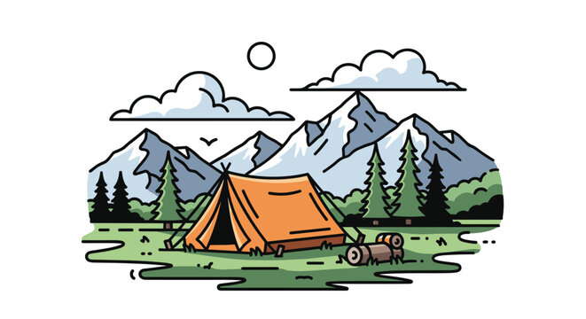 orange tent camping in mountains landscape clip art preview
