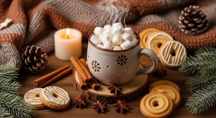 Cup of hot chocolate with marshmallows, surrounded by cinnamon sticks and cookies