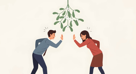 A couple stands under mistletoe, looking to kiss, during Christmas