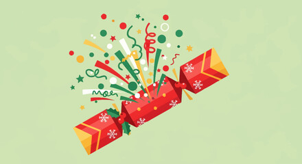 A festive illustration of a Christmas party cracker popping with a burst of colorful confetti and streamers for a holiday celebration