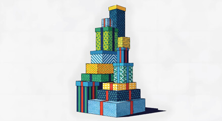 A vibrant and abundant stack of beautifully wrapped gift boxes, symbolizing celebration, joy, and the spirit of giving for special occasions and festive events
