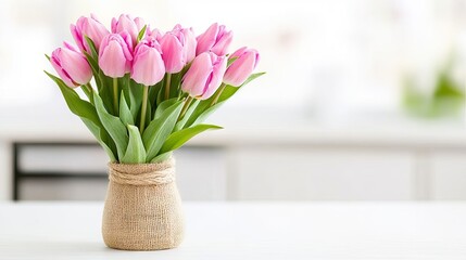 Fototapeta premium A lovely arrangement of pink tulips in a jute-wrapped vase sits on a white table. This minimalist decor enhances the ambiance of a contemporary kitchen, creating a fresh spring feel