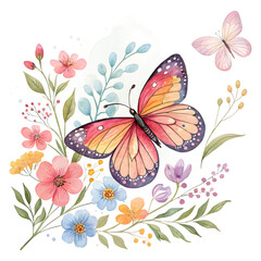 Fototapeta premium Vibrant watercolor butterfly surrounded by delicate wildflowers and greenery on a black background
